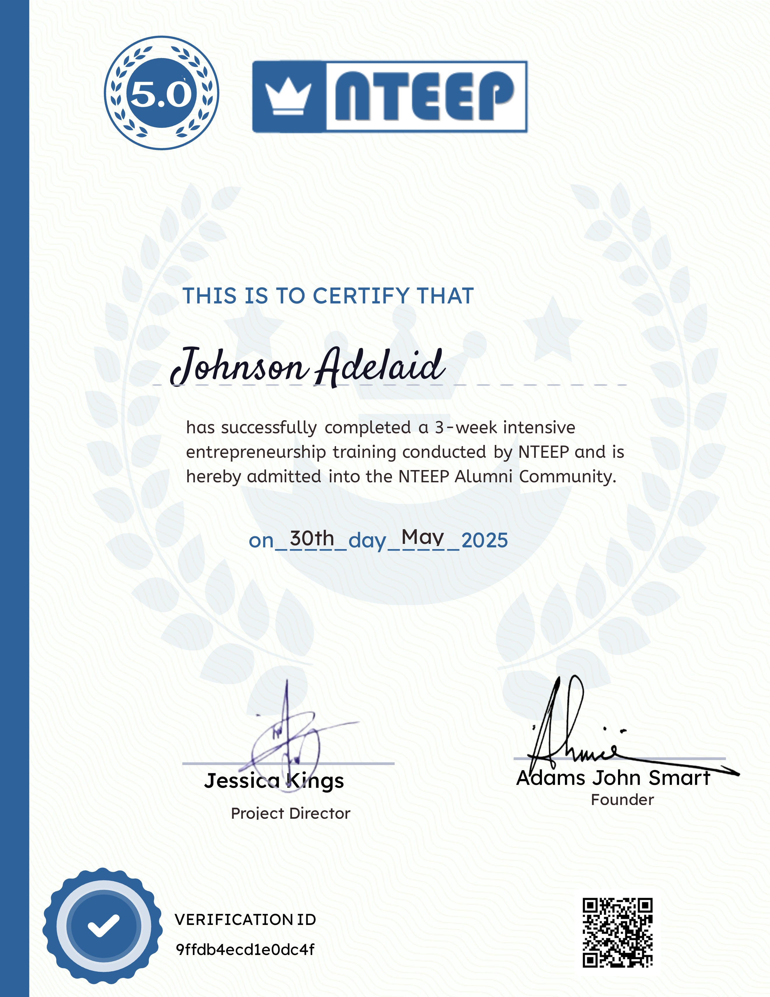 NTEEP 5.0 Certificate - Adelaid Wakaska